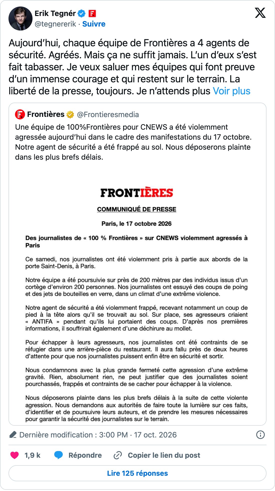 Tweet d’Erik Tegnér et communiqué de presse de Frontières, 17 octobre 2026